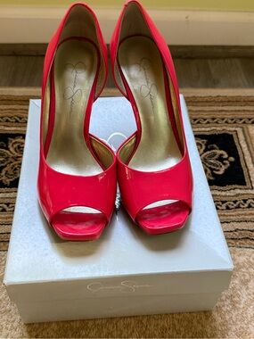 Jessica Simpson Bright Pink Patent Peep-Toe High Heels